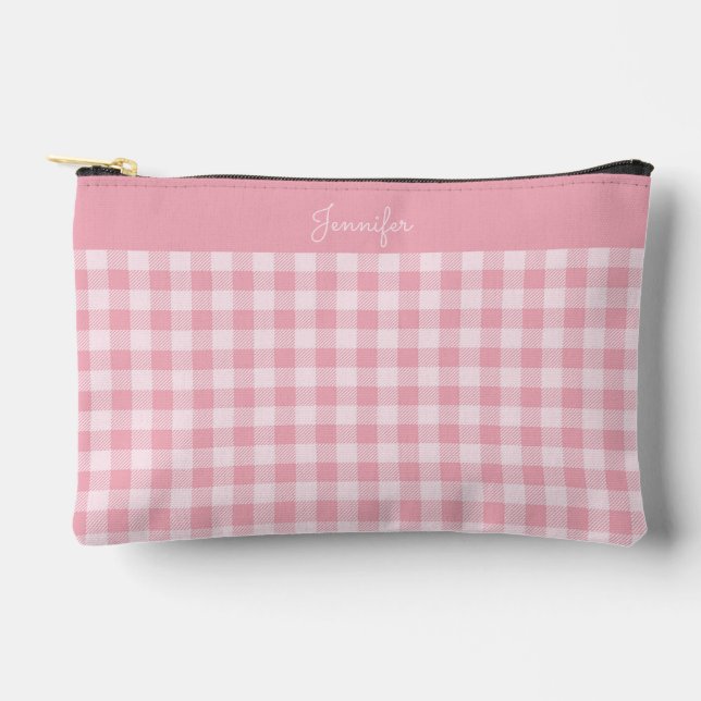 Pochette À Accessoires Pink Gingham Pattern Girly Checkered Plaid Name (Recto)