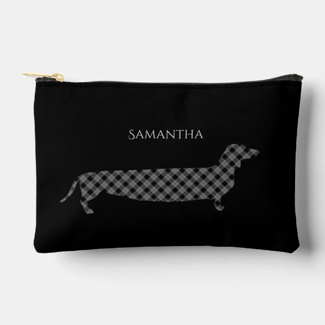 Pochette À Accessoires Plaid Dachshund sur Black Personnalisé (Recto)
