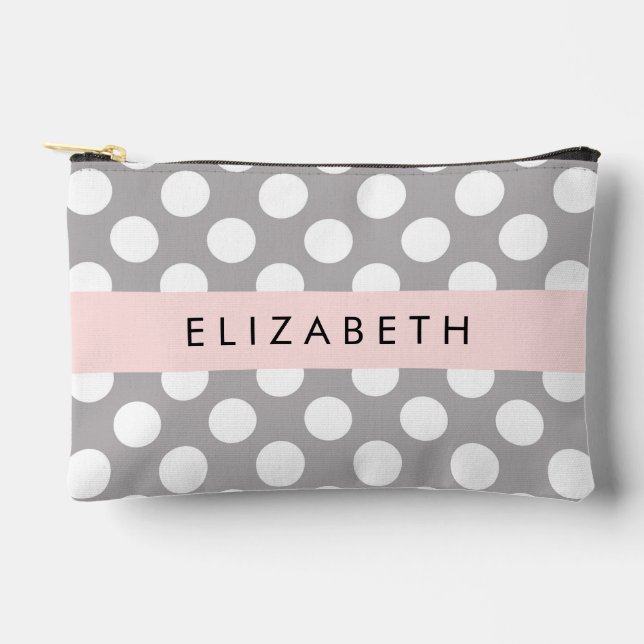 Pochette À Accessoires Pois gris, Motif Pointe Polka, Votre Nom (Recto)