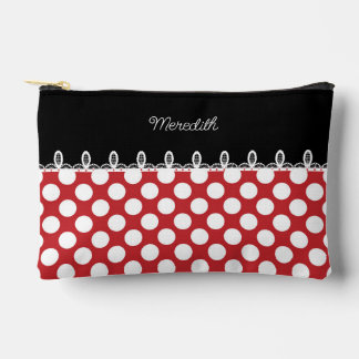 Pochette À Accessoires Polka point rouge et noir avec nom personnalisé