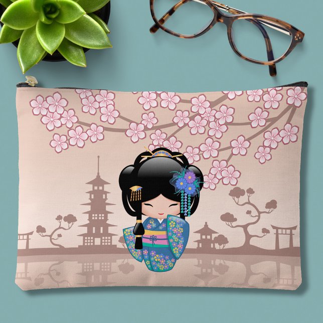 Pochette À Accessoires Poupée Keiko Kokeshi - Blue Kimono Geisha Girl (Créateur téléchargé)