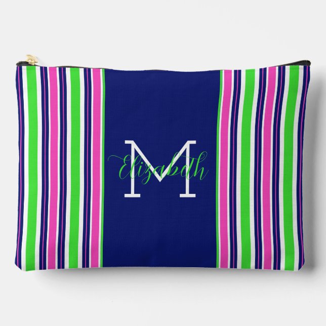 Pochette À Accessoires Preppy rose Green Navy Bleu Stripe Monogramme (Recto)