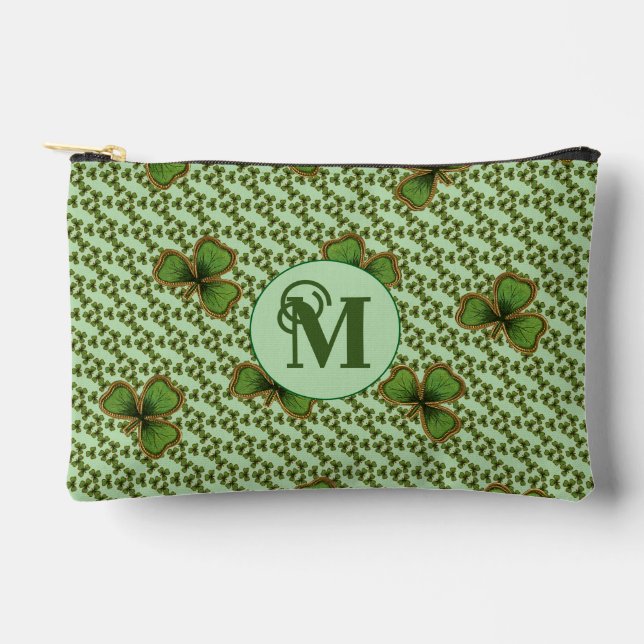 Pochette À Accessoires Pretty Green and Gold Irish Shamrocks Monogram (Recto)