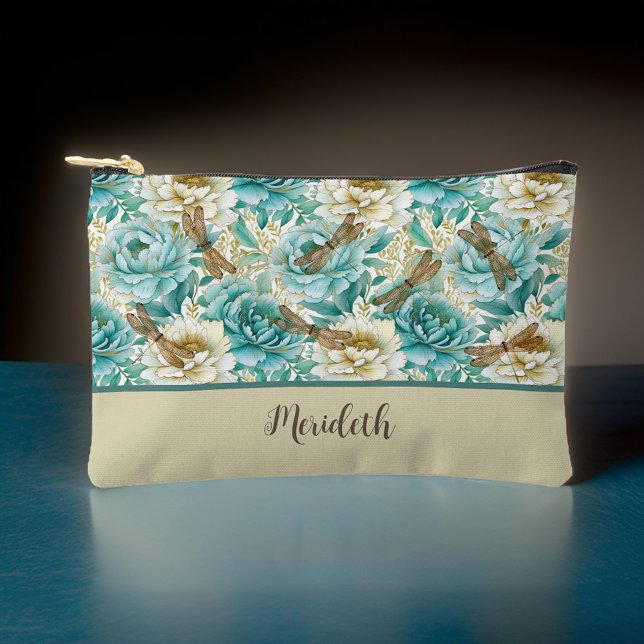 Pochette À Accessoires Romantique Floral Aqua Roses libellules Monogramme (Créateur téléchargé)