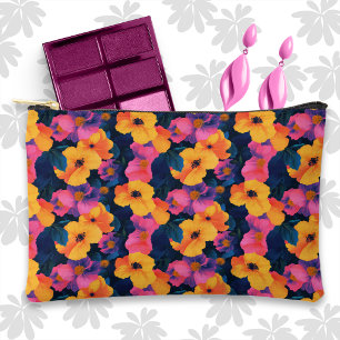 Pochette À Accessoires Rose et orange floraux tropicaux sur fond bleu fon