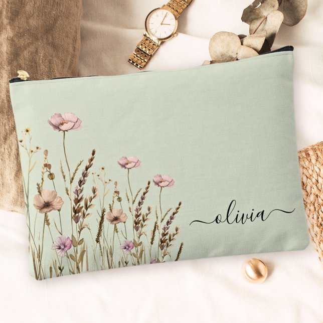 Pochette À Accessoires Rose Gold Floral Sage Vert Nom Monogramme (Créateur téléchargé)