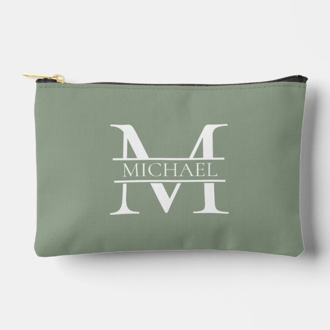 Pochette À Accessoires Sage Vert Elégant Personnalisé Monogramme & Nom (Recto)