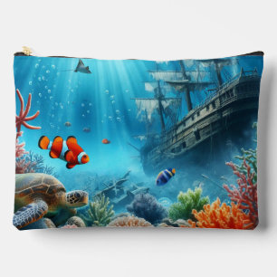 Pochette À Accessoires Sous la mer, tortue, corail, bateau, poisson clown
