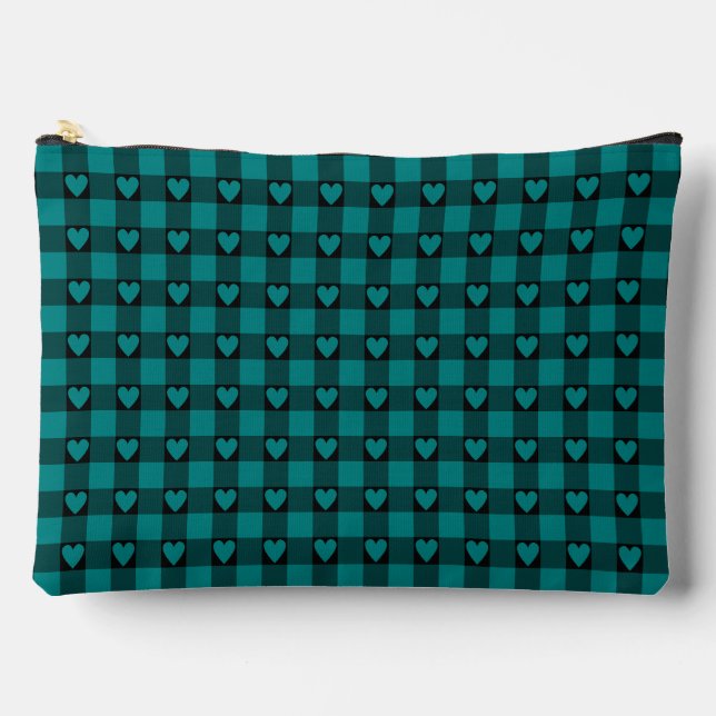 Pochette À Accessoires Teal Black Buffalo Heart Plaid (Recto)