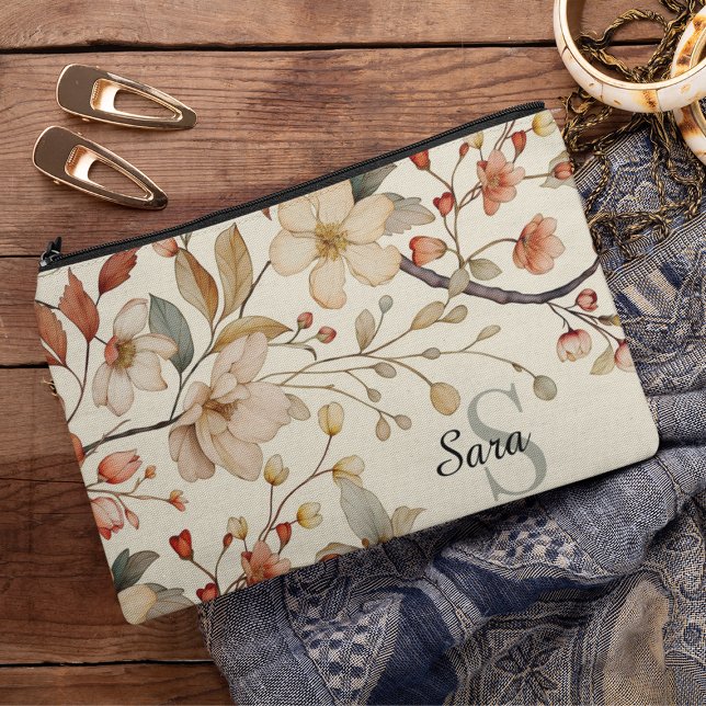 Pochette À Accessoires Toile de Monogramme Floral Rustique (Créateur téléchargé)