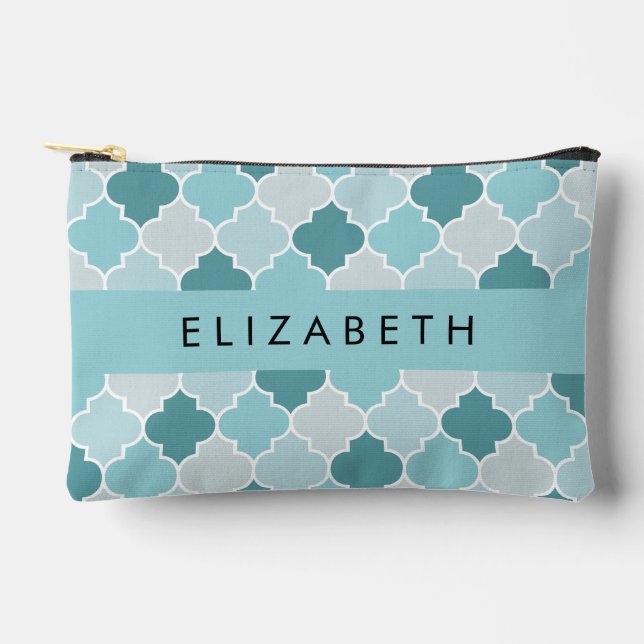 Pochette À Accessoires Trellis Bleu Marocain, Quatrefoil, Votre Nom (Recto)