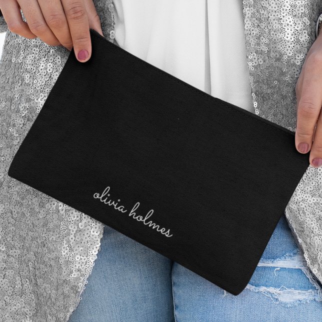 Pochette À Accessoires Trendy Monogram | Name de script noir moderne (Créateur téléchargé)