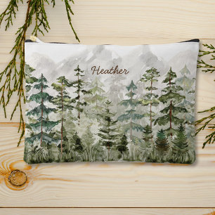 Pochette À Accessoires Watercolor Green Pine Forest sur la montagne