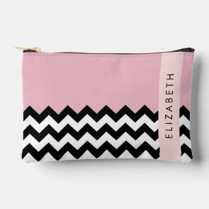 Pochette À Accessoires Zigzag noir et blanc, Chevron, rose, Votre nom