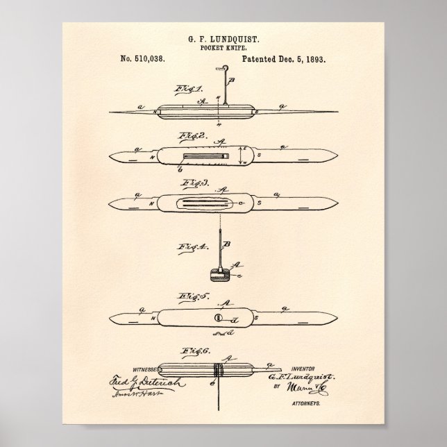 Pocket Knife 1893 Patent Art Old Peper Poster (Vorne)