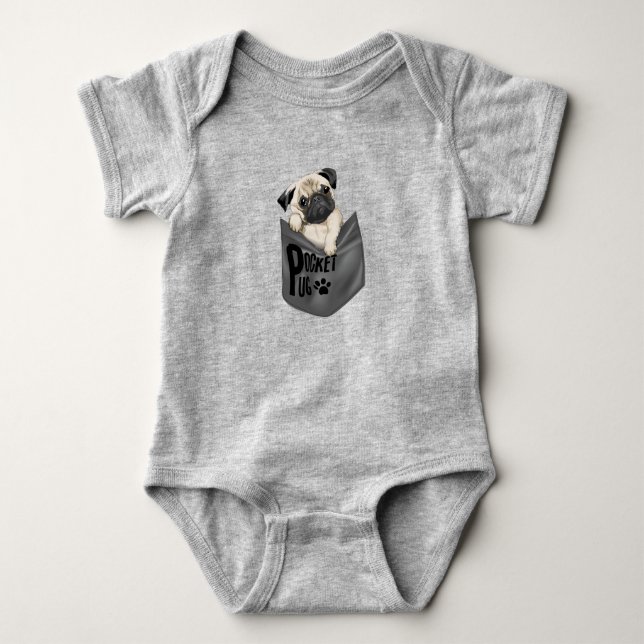 Pocket Mops Grau Baby Bodysuit Strampler (Vorderseite)