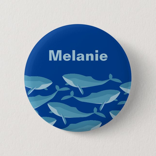 Pod of Whales Schwimmen Dunkelblau Personalisiert Button (Vorderseite)