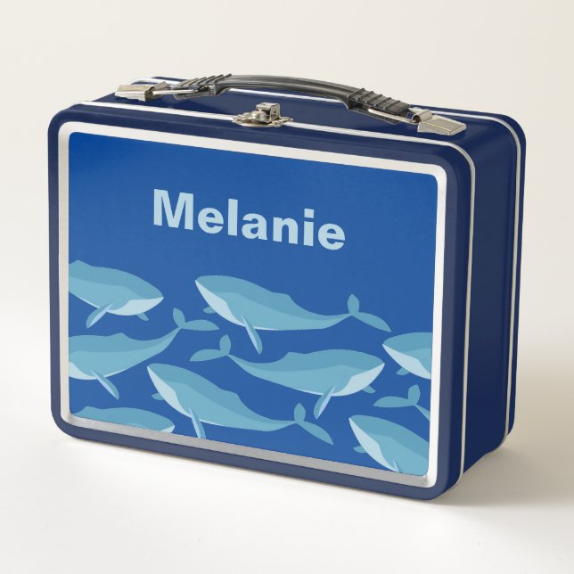 Pod of Whales Schwimmen Dunkelblau Personalisiert Metall Brotdose (Vorderseite)