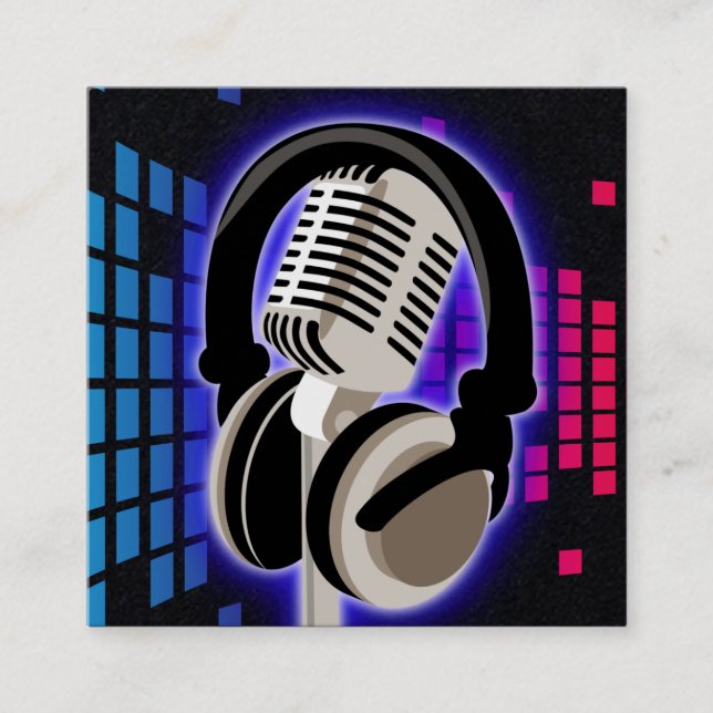 Podcast glühende Mikrofon Kopfhörer Blau Schwarz S Quadratische Visitenkarte (Vorderseite)