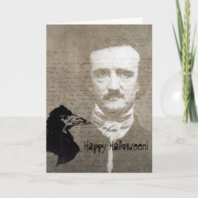 Poe And The Raven Grunge Digital Art, Halloween Karte (Vorderseite)