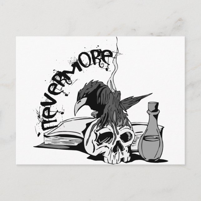 Poe Nevermore Raven Skull & Book Postkarte (Vorderseite)
