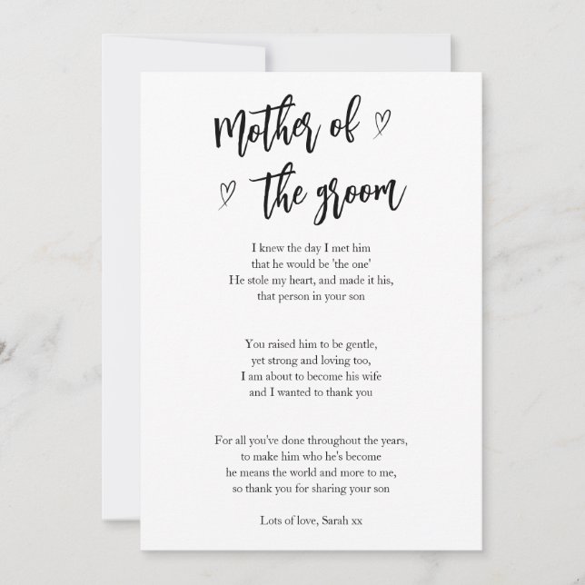 Poem Card für die Mutter der Herzen des Bräutigams Einladung (Vorderseite)
