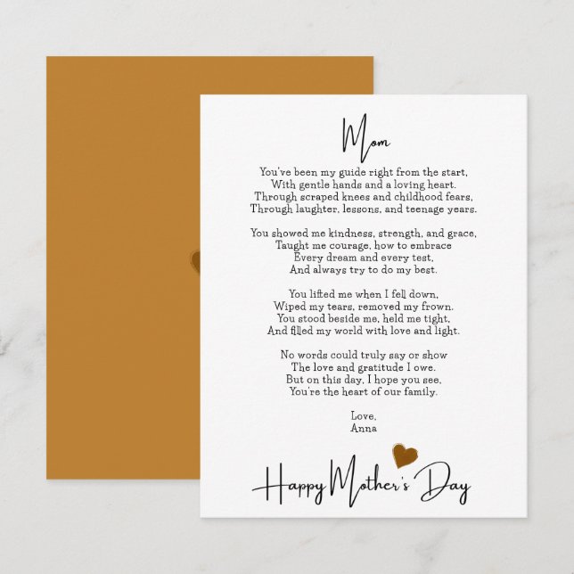 Poème de coeur pour maman Carte de fête des mères  (Devant / Derrière)