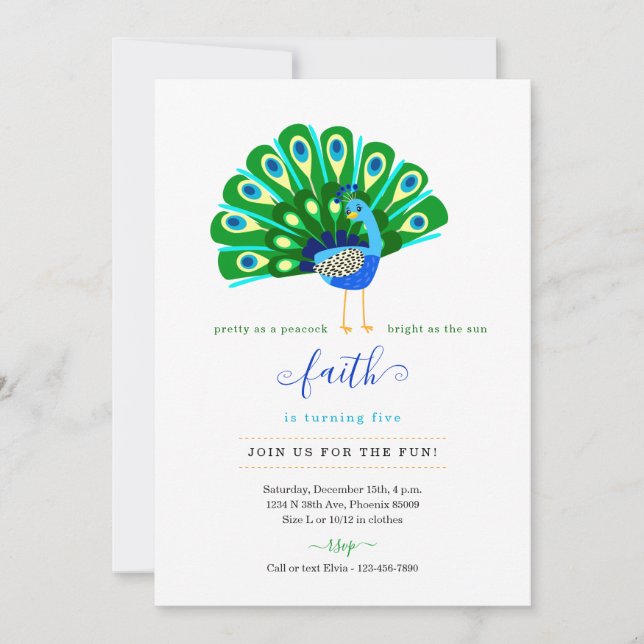 Poème mignon pour les filles Peacock Invitation de (Devant)
