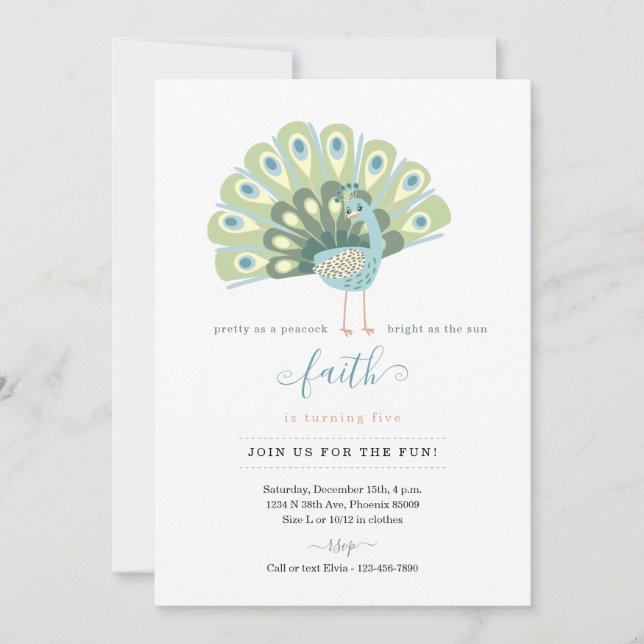 Poème mignon pour les filles Peacock Invitation de (Devant)