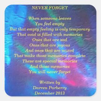 Poème "Never Forget" - Sticker Carré