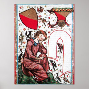 POET IM GARTEN DER VÖGEL Mittelalter Miniatur Poster