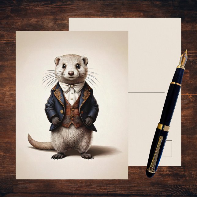 Poetcore Literary Weasel | Dark Academia Postkarte (A poetcore dark academia postcard on a dark wooden desk with a fountain pen. Gentleman Weasel)