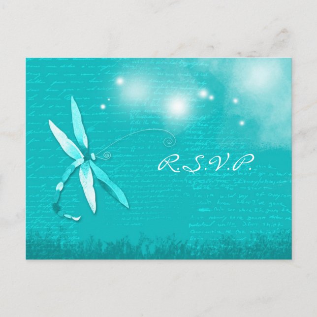 Poetic Dragonfly Türkis Wedding RSVP Einladungspostkarte (Vorderseite)