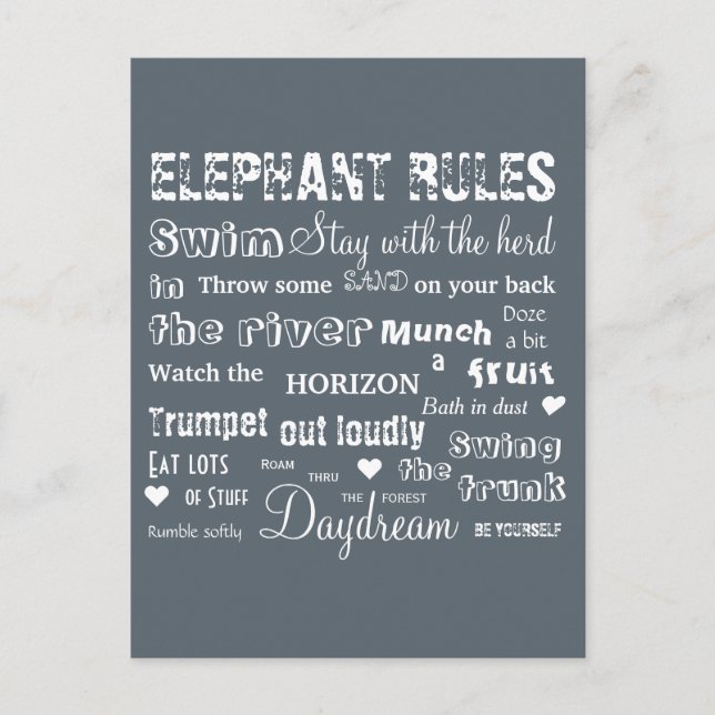 Poetische Elefantenregeln Typografische Postkarte (Vorderseite)