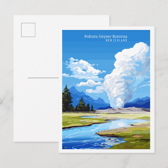 Pohutu Geyser NZ Vintage Reise Illustration Postkarte (Vorne/Hinten)