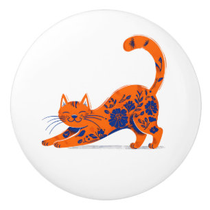 Poignée de porte chat floral bleu et orange