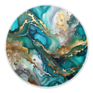 Poignée de tiroir en marbre doré et turquoise, poi
