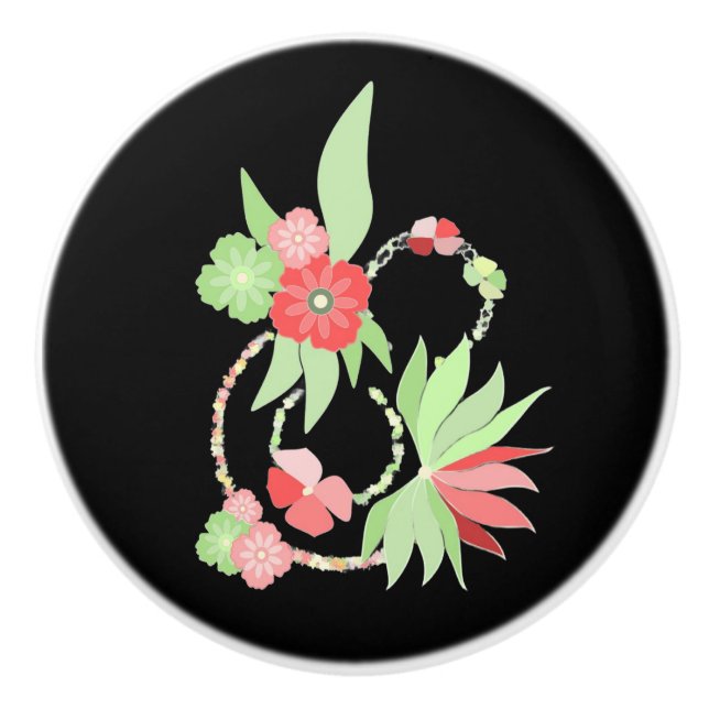 Poignée en Céramique fleurs roses (Devant)