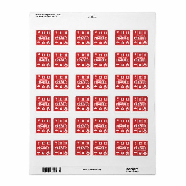 Poignée fragile rouge avec soins images Étiquette  (Feuille entière)
