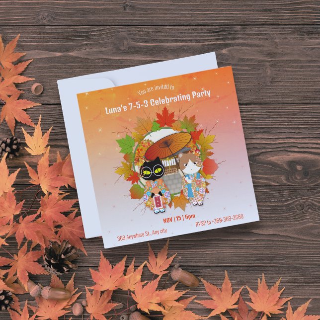 Poilunas 7-5-3-gefeiertes Party Einladung (Poiluna's 7-5-3 Celebrating Party Invitation on a fall table.)
