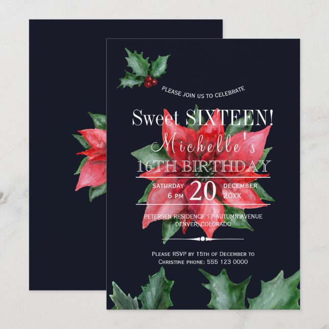 Poinsettia 16 . Geburtstag Einladung (Vorne/Hinten)