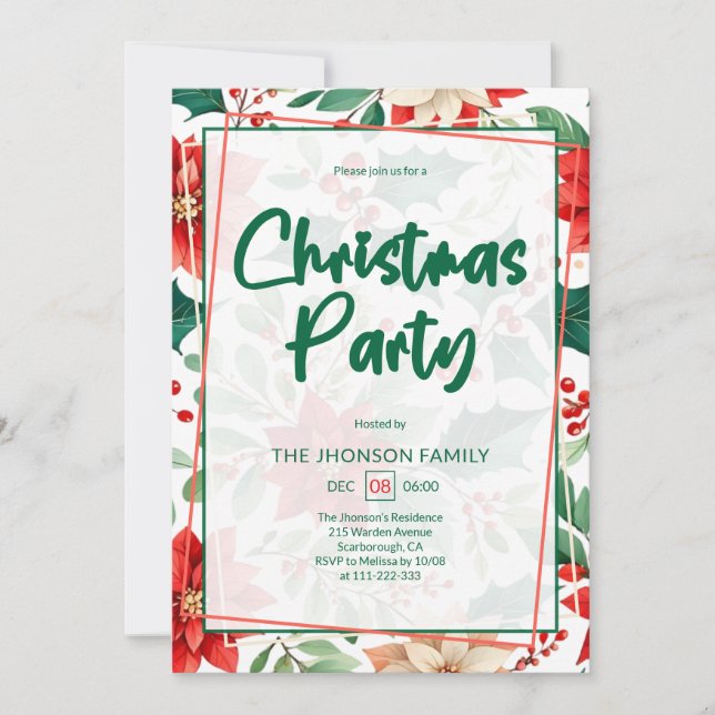 Poinsettia and Berry Pattern Christmas Party Einladung (Vorderseite)