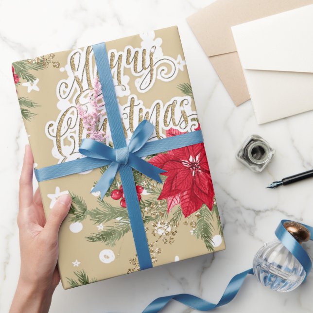 Poinsettia and Holly Berries Christmas Geschenkpapier (Schenken)