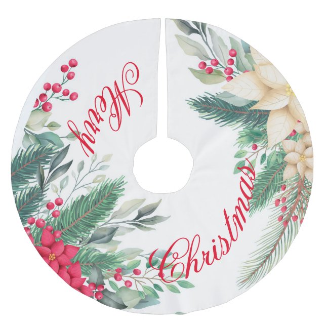 "Poinsettia and Red Berry" Weihnachtsbaumrock Polyester Weihnachtsbaumdecke (Vorderseite)