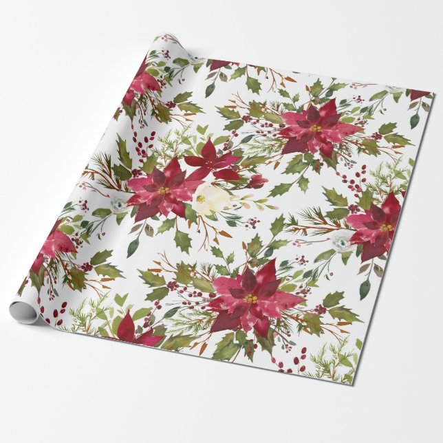 Poinsettia-Aquarell-Blumenweihnachtsgeschenk Geschenkpapier (Ungerollt)