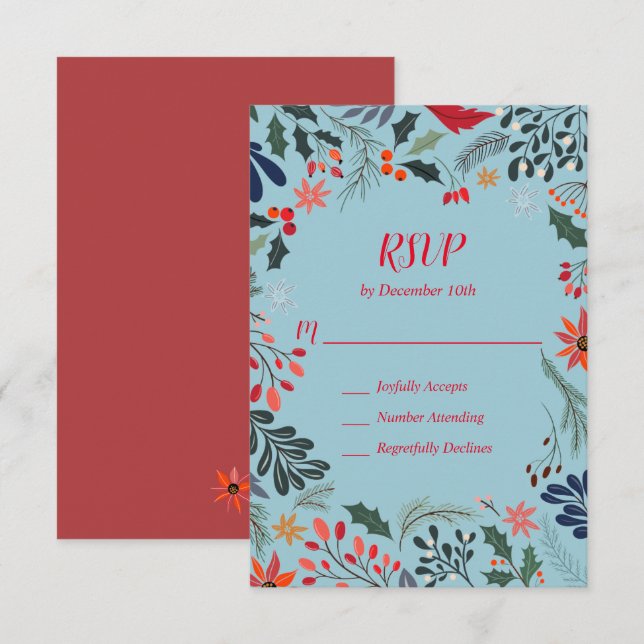 Poinsettia Berries Blätter Weihnachten RSVP Karte (Vorne/Hinten)