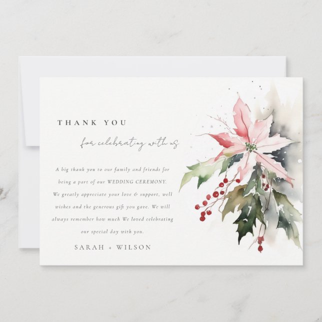 Poinsettia Berries Foliage Water color Wedding Dankeskarte (Vorderseite)