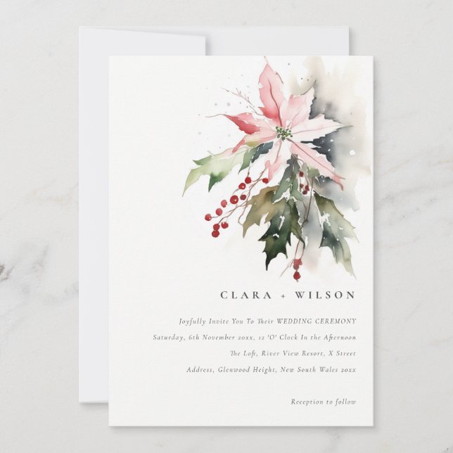 Poinsettia Berries Foliage Water color Wedding Einladung (Vorderseite)