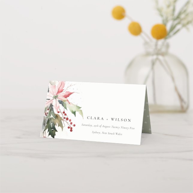 Poinsettia Berries Foliage Water color Wedding Platzkarte (Vorderseite)