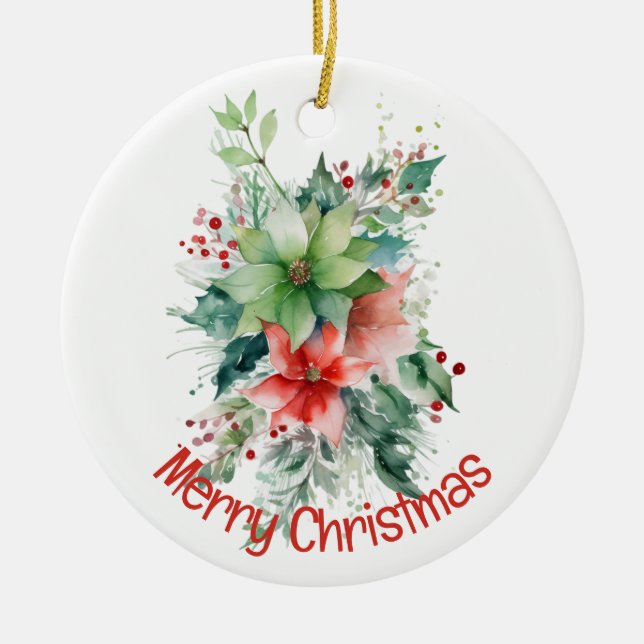 Poinsettia Berries und Blätter Weihnachten Keramik Ornament (Vorne)